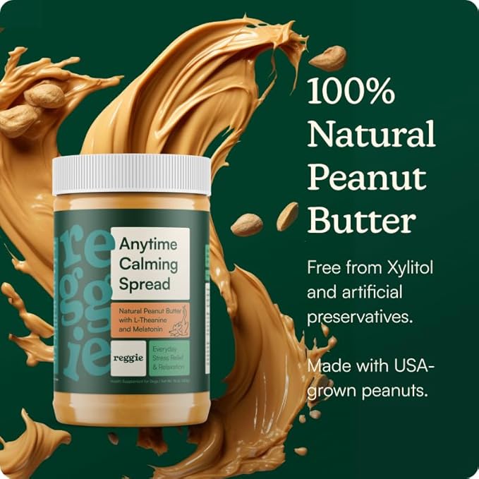 Reggie Calming Spread for Dogs, 100% Natural Peanut Butter with Melatonin & L-Theanine, Short-Term Dog Anxiety Relief, Made in USA 16oz