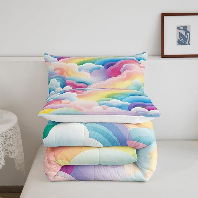 Erosebridal Girls Rainbow Bedding Set Full Colorful Cloud Comforter Set Cartoon Geometric Stripe Down Comforter for Toddler Dreaming Pink Pastel Duvet Set Blue Purple Teen Cozy Décor 3 Piece