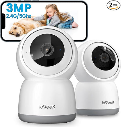 ieGeek Indoor Camera, 2K Cameras for Home Security, 5G Security Camera Indoor, 360° Pet/Dog/Baby Camera with Phone App, AI Tracking, 2-Way Audio, Night Vision, 24/7 SD Card Storage, Alexa (2 Pack)