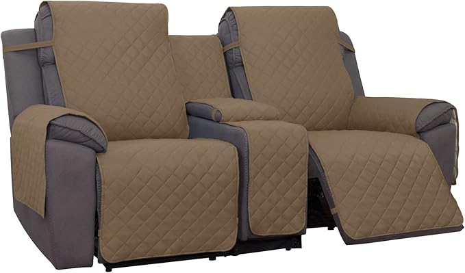 PureFit Water Resistant Reversible Loveseat Recliner Couch Cover for Double Recliner with Console – Non Slip Split Sofa Cover, Washable Reclining Cover for 2 Seat Recliner (2 Seat, Camel/Ivory)