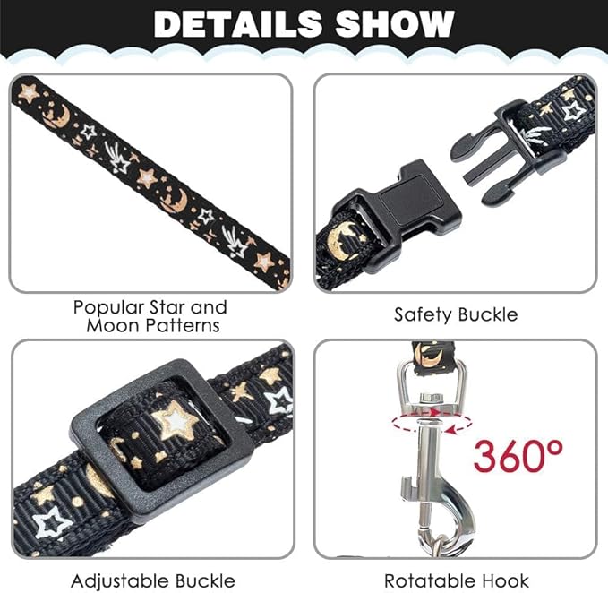 PAWCHIE Cat Harness with Leash and Collar Set - Escape Proof Adjustable H-shped Cat Harness with Star and Moon Pattern Glow in The Dark for Kitty Outdoor Walking