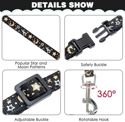 PAWCHIE Cat Harness with Leash and Collar Set - Escape Proof Adjustable H-shped Cat Harness with Star and Moon Pattern Glow in The Dark for Kitty Outdoor Walking