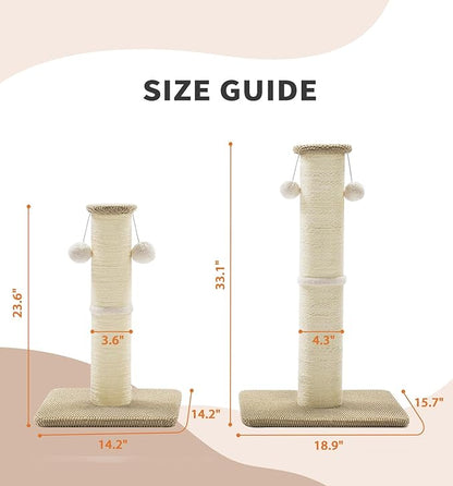 Made4Pets Tall Cat Scratching Post, 33" Natural Sisal Cat Scratcher with Hanging Balls, Heavy Duty and Thicker Scratching Post for Indoor Cats Adults, Sturdy Base Cat Scratch Post, Beige