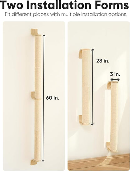 FUKUMARU Cat Wall Scratcher, 60" Tall Wall Mounted Kitten Scratching Post, Sturdy Sisal Climbing Tree for Indoor Large Cats