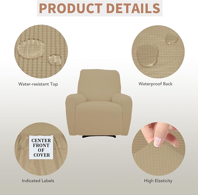 Easy-Going 100% Waterproof Recliner Cover, Dual Waterproof Couch Cover for Recliner, 1- Piece Jacquard Sofa Cover, Leakproof Sofa Slipcover for Kids, Pets, Dog and Cat (Recliner, Sand)