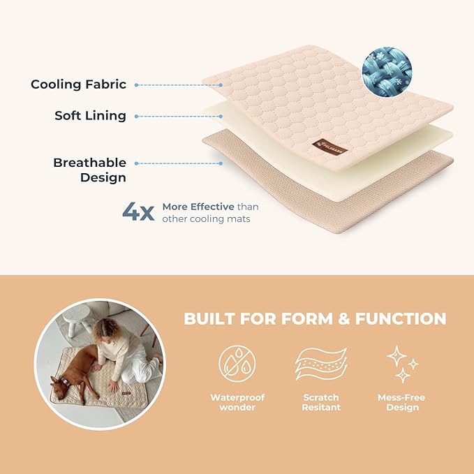 Pelsbarn Dog Cooling Mat- Ice Silk Summer Comfort, Self Cooling, Non-Slip Dog Pad, Durable & Washable, Mat for Medium Dogs 19"" x 25"", Support Shelter Dogs with Every Purchase (Beige)