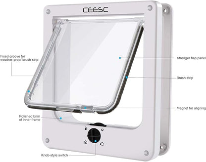 CEESC Large Cat Door for Interior/Exterior Door, Weatherproof, White, Rotary 4 Way Locking Pet Door for Cats & Dogs with Circumference < 23.62", Upgraded Version