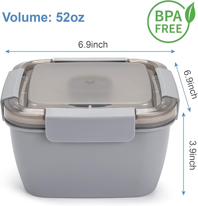 Freshmage Salad Lunch Container To Go, 52-oz Salad Bowls with 3 Compartments, Salad Dressings Container for Salad Toppings, Snacks, Men, Women (Grey)