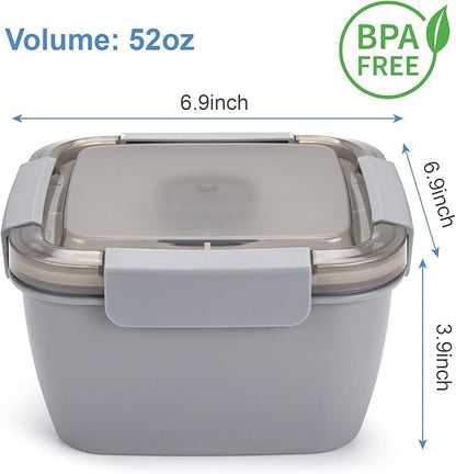 Freshmage Salad Lunch Container To Go, 52-oz Salad Bowls with 3 Compartments, Salad Dressings Container for Salad Toppings, Snacks, Men, Women (Grey)