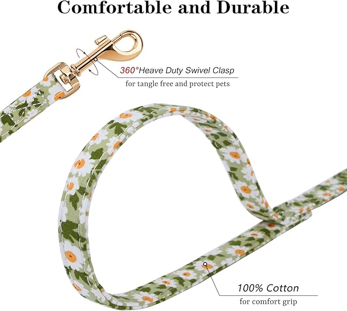 CHEDE No Pull Floral Pattern Dog Harness- Lightweight and Soft, Adjustable Small Dog Harness and Leash Set, with Dog Leash, Suitable for Puppy Small and Medium-Sized Dog (M, Green Daisy)