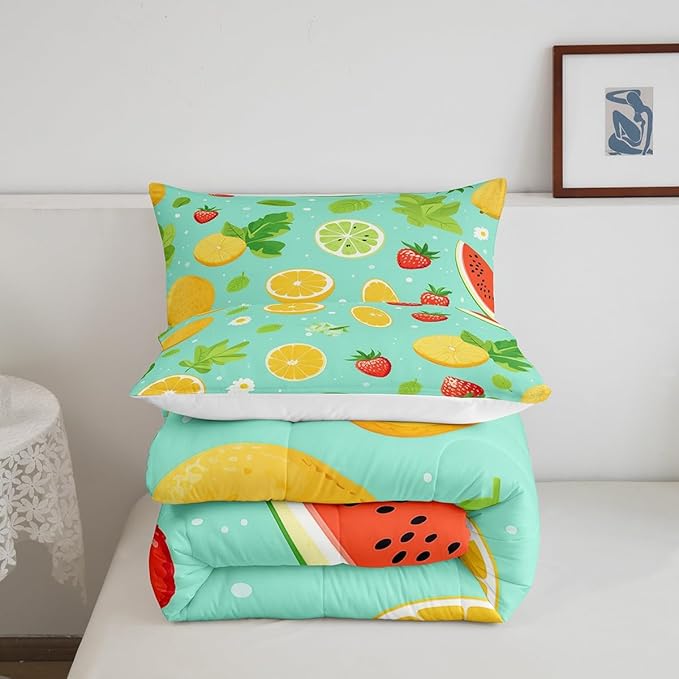Erosebridal Tropical Fruit Full Comforter Set Strawberry Lemon Bedding Set Summer Holiday Duvet Insert White Daisy Flower Leaves Bed Set,Children Blue Breathable Soft Home Décorative 3 Piece