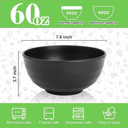 Wheat Straw Bowls Set of 6, Unbreakable Lightweight 60 OZ Salad Bowls for Kitchen and Camping, Big Plastic Bowl for Serving, Cereal, Ramen, Soup, Microwave & Dishwasher Safe, Black