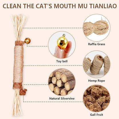 Natural Dried Matatabi Cat Chew Stick with Gall Fruit, Raffia Grass & Bell Cat Ball Toys, Handmade Silvervine Sticks Interactive Catnip Toys for Teething & Entertainment (Size M Color G)