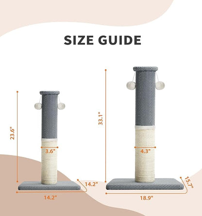 Made4Pets Tall Cat Scratching Post, Heavy Duty and Thicker Scratching Posts for Indoor Cats Adults, 23.6" Natural Sisal Cat Scratcher with Hanging Balls, Sturdy Base Cat Scratch Post, Light Grey