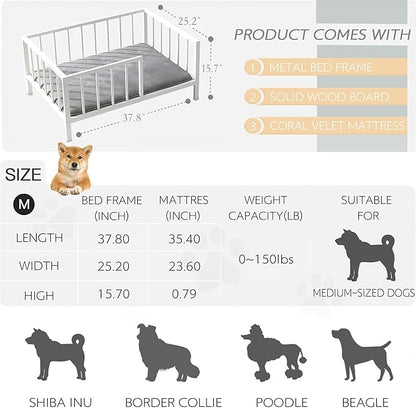 OSCHF Dog Bed with Rails - Elevated Pet Metal Bed Frame with Solid Wood Board and Washable Soft Mat for Medium Dog Indoor or Outdoor Use, 25.2" x 37.8", White