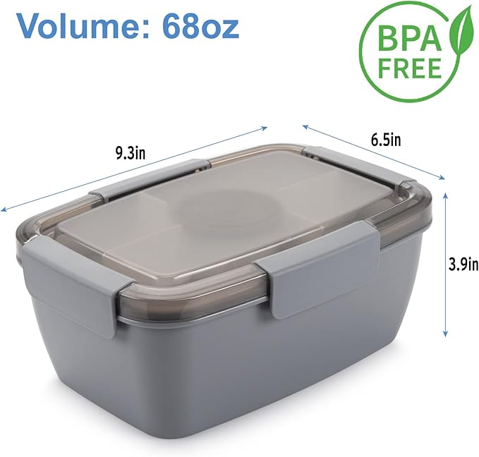 Freshmage Salad Lunch Container To Go, 68-oz Grey-XL, Leak-proof Lid, 4 Compartments, Sauce Container, Safe Material, Easy Carry