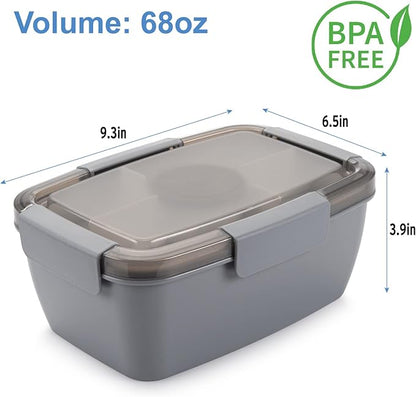 Freshmage Salad Lunch Container To Go, 68-oz Grey-XL, Leak-proof Lid, 4 Compartments, Sauce Container, Safe Material, Easy Carry