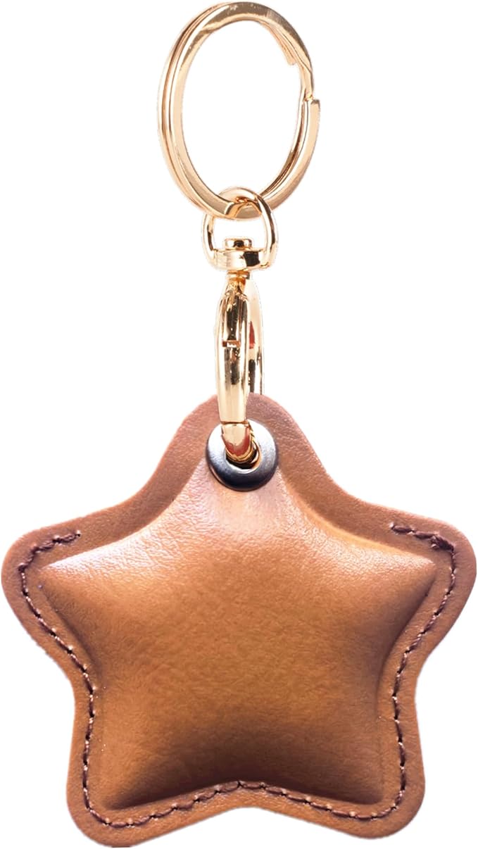 Leather Charm Keychain Holder Case Compatible with AirTag,Cute Protective Star-Shaped Cover with Luxe Ring Clip,Finder GPS Tracker Case for Wallet Keys,Bag,Pets(Brown)
