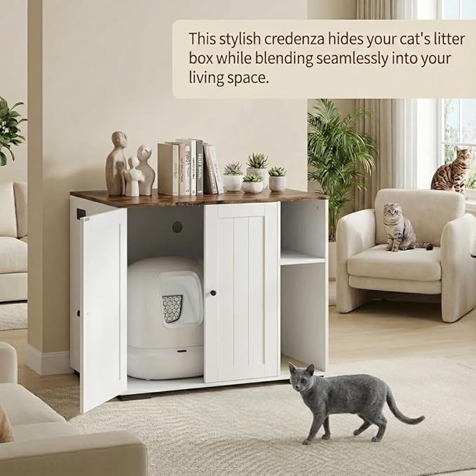 GAOMON Large Litter Box Enclosure Cabinet for Litter Robots, Cat Litter Furniture with Dog-Proof Shelf and Built-in Power Outlet, 5 Ft Power Cord, Fits Most Self-Cleaning Litter Boxes, White