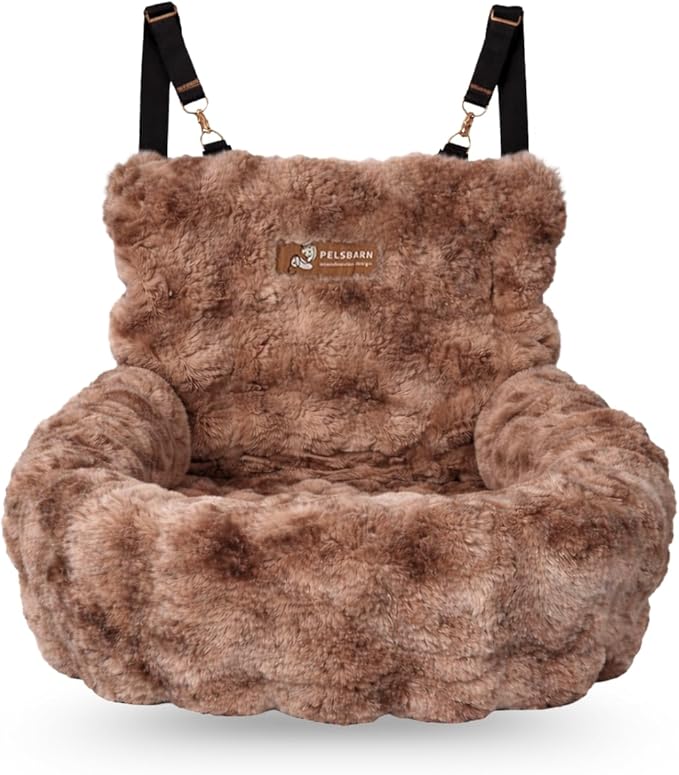Pelsbarn Luxurious Cozy Car Bed - Small Luxury Travel Dog Bed with Safety Belt - Ultra Soft Faux Fur - Brown