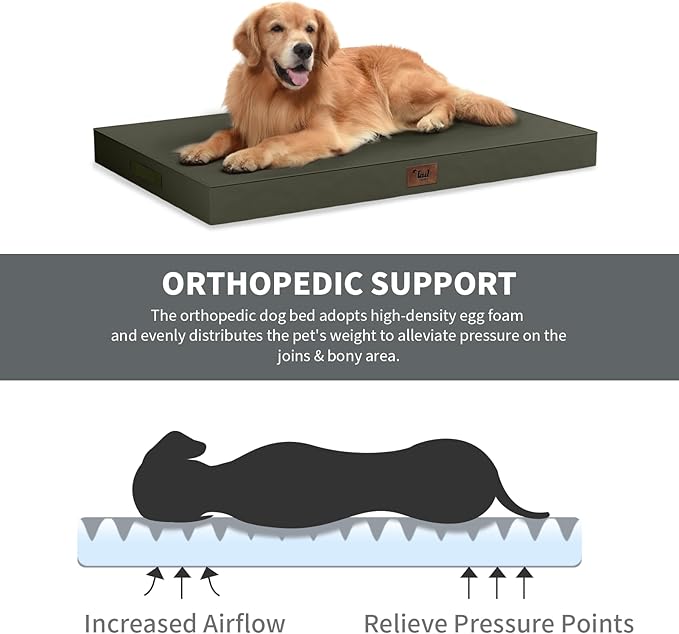 Outdoor All Weather XL Dog Bed, Waterproof Dog Bed for Extra Large Dogs, Orthopedic Egg Crate Foam Pet Bed with Removable Washable Oxford Cooling Cover, 44x32 Inch, Brown