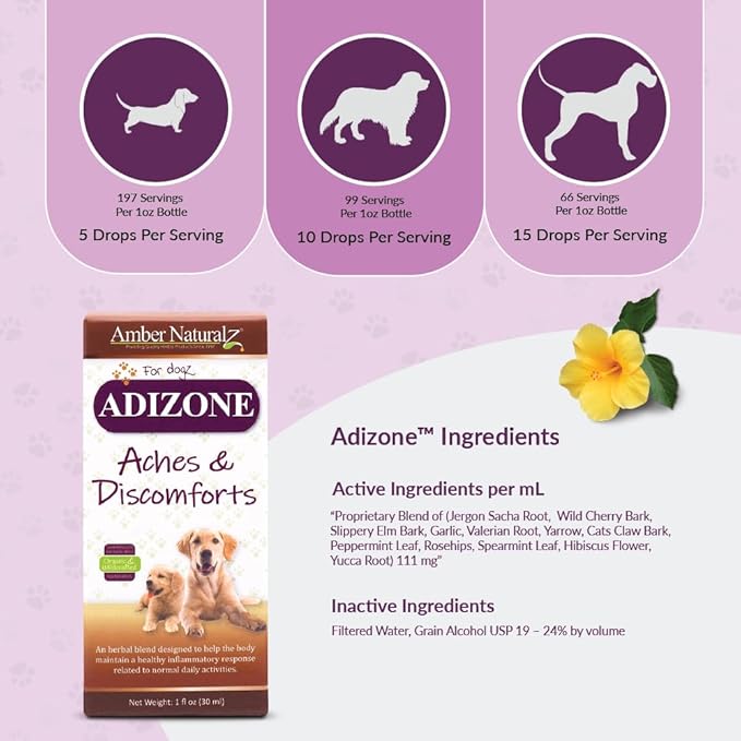 Amber NaturalZ Adizone Herbal Supplement for Dogs | Supports a Healthy Inflammatory Response, Occasional Discomfort, and Joint Function | Natural Aid for Active and Aging Canines 1 Fluid Ounce