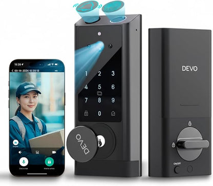 Devo G1 Video Smart Lock with Camera & Doorbell, 6-in-1 Fingerprint Keyless Entry Door Lock for Front Door, App Remote, Auto Locks, Wi-Fi Smart Deadbolt, Easy Install, Waterproof, Black
