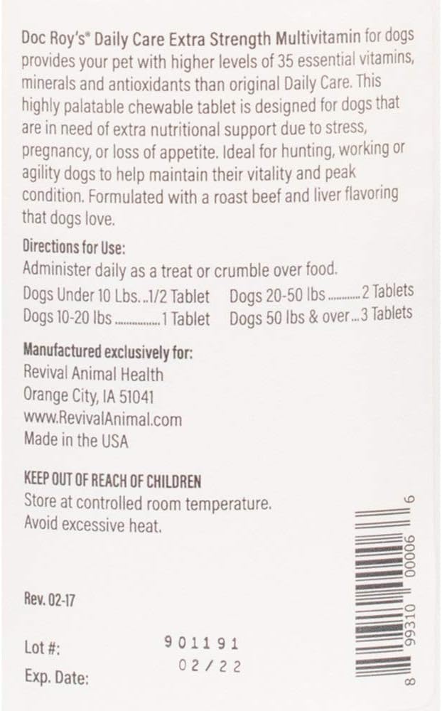 Doc Roy's Daily Care Extra Canine, Advanced Multivitamin Supplement for Dogs, Supports Energy, Immune, Muscle, Bone & Brain Health, Provides Vitamins A C D3 E B Complex, Iron Zinc, 365ct Tablets