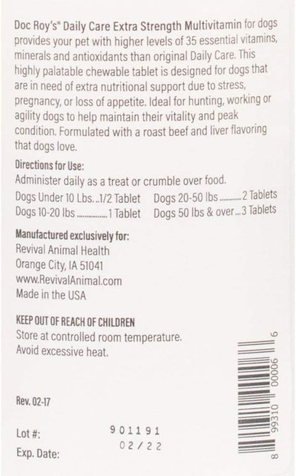 Doc Roy's Daily Care Extra Canine, Advanced Multivitamin Supplement for Dogs, Supports Energy, Immune, Muscle, Bone & Brain Health, Provides Vitamins A C D3 E B Complex, Iron Zinc, 365ct Tablets