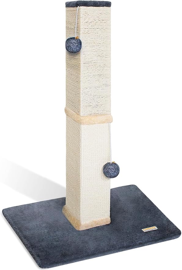 Pawbee 32" Cat Scratching Post Tower with Jingle Bells and Plush Balls, Sisal Tower with Larger Base for Better Stability, Beige