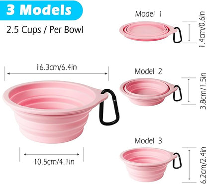 PetBonus 2-Pack Silicone Collapsible Dog Bowls, BPA Free Dishwasher Safe, Portable Foldable Expandable Travel Bowl, Food Water Feeding Cup Dish for Dogs Cats with 2 Carabiners （Grey, Chalk Pink）