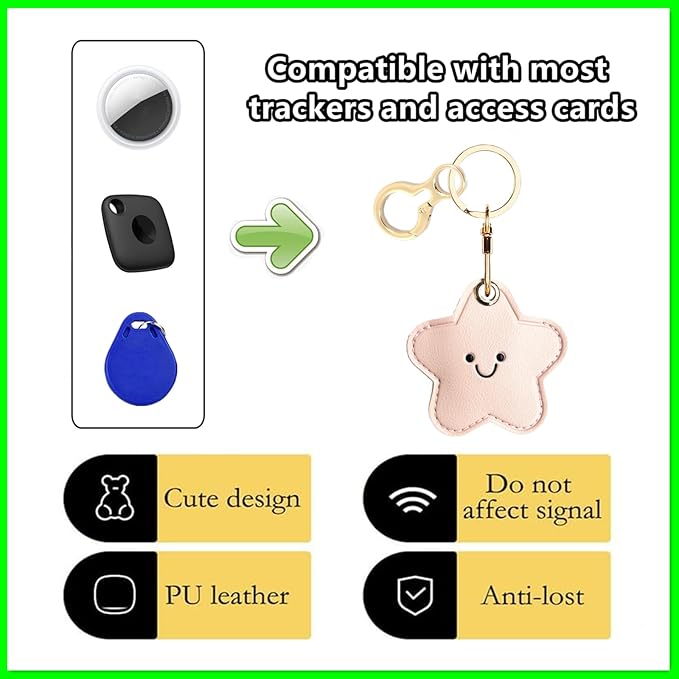 Leather Keychain Holder Case Compatible with AirTag,Cute Protective Cover with Keyring,Anti-Scratch Finder GPS Tracker Case for Wallet Keys,bag,pets,Backpack(Pink Star)