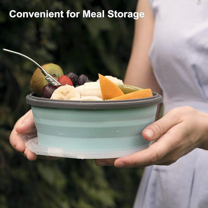 ColorCoral Camping Bowl with Lid Large Collapsible Silicone Bowl(1200ml/42oz) and Foldable Stainless Steel Fork for Travel and Camping Microvave and Fridge Food Storage