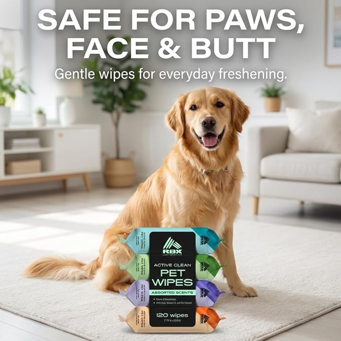 RBX Active Clean Dog Wipes for Paws and Butt (120 Count) – Pet Wipes Cleaning & Deodorizing with Aloe, Vitamin E & Oat Extract – Hypoallergenic Puppy Wipes, 4 Scents