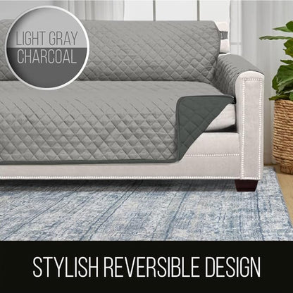 Sofa Shield Couch Slip Covers for Dogs, Reversible Furniture Protector with Strap, Stain and Tear Resistant Cushion Cover, 70 inch Seat, Machine Washable Slipcover Pets, Cats, Light Gray Charcoal
