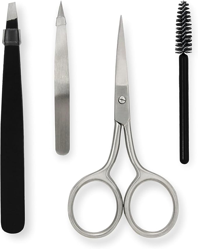 Amazon Basics 4-Piece Eyebrow Grooming Kit with Scissors, Tweezers, Spoolie Brush for Shaping at Home, Black