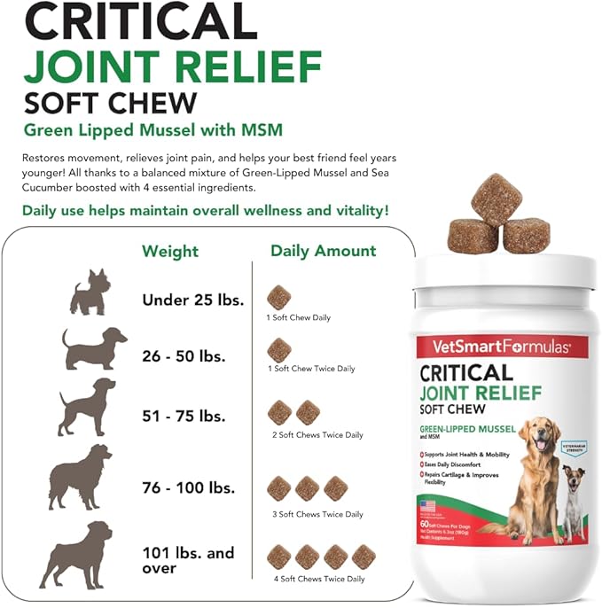 VetSmart Formulas Critical Joint Relief Soft Chew for Dogs – Hip & Joint Supplement with Glucosamine, MSM, Green-Lipped Mussel – Joint Discomfort, Hip Dysplasia & Mobility Support, Made in USA