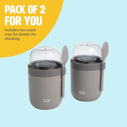 Tasty Travel Snack Cups with Spoons, On-The-Go Snacking, Divided Compartments, Great for Nuts, Cereal, Granola, Yogurt and More, Made Without BPA, 2-Pack, Gray