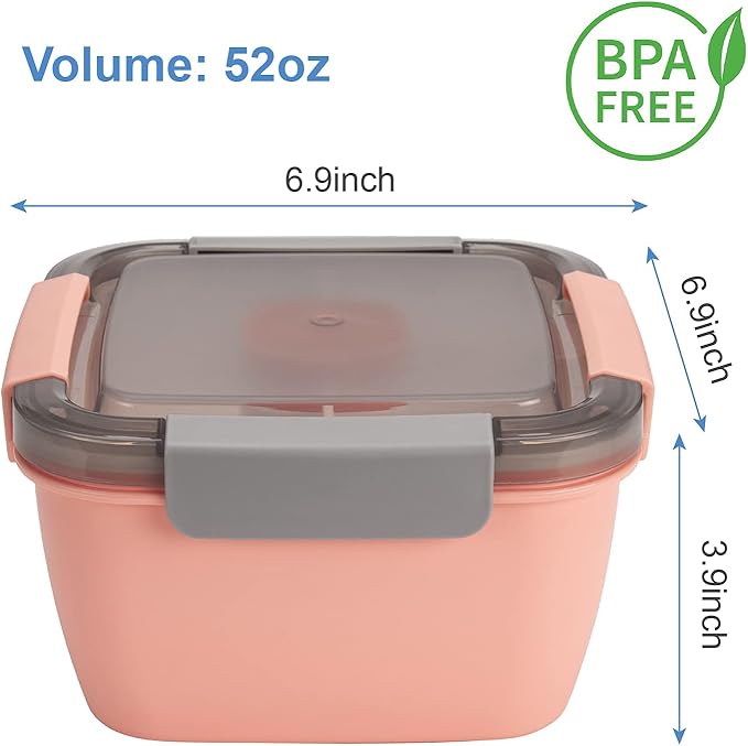 Freshmage Lunch Container To Go, 2 Packs 52-oz Salad Bowls With 3 Compartments, Dressings Container for Toppings, Snacks, Men, Women (Pink+Pink)