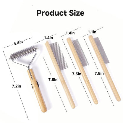 Bamboo Undercoat Rake & Deshedding Comb for Dogs & Cats - Cat & Dog Brush & Dematting Tool for Matted Fur, Pet Grooming Kit with Fur Comb & Flea Comb for Shedding Control