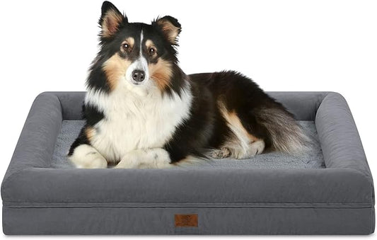 Large Orthopedic Egg Crate Foam Dog Bed, Waterproof Dog Bed with Removable Washable Cover, 4-Sides Removable Bolster Soft Couch Sofa with Non-Slip Bottom, Dark Grey