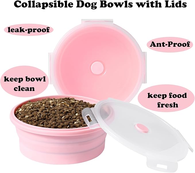 Joyinjojo Collapsible Dog Bowls with Lids, 2 Pack Portable Travel Dog Bowls for Small Medium Large Dogs, Silicone Foldable Outdoor Dog Cat Food Water Bowls for Camping Hiking Road Trip, Pink 27 oz