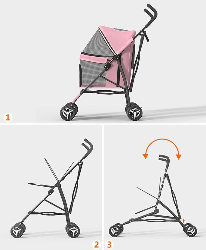 OS MOTOR Pet Stroller with 4 Wheels for Small/Medium Pets, Portable Travel Foldable Carrier Jogger for Dog Cat Puppy Kitty, Rear Wheel Breaks, Storage Basket, Visible Mesh with Weather Cover (Pink)