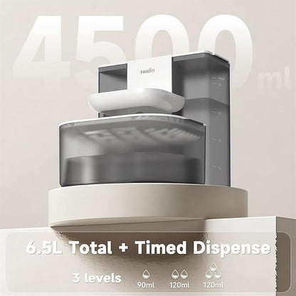 [New Upgrade] Famifit 4.5L+2L Automatic Cat Water Fountain (Non-Heated), 2000mAh Battery, Timed 3/6/9H & 80/100/120ml Control, Clean Water System, No Filter, Ceramic Bowl, Ultra Quiet