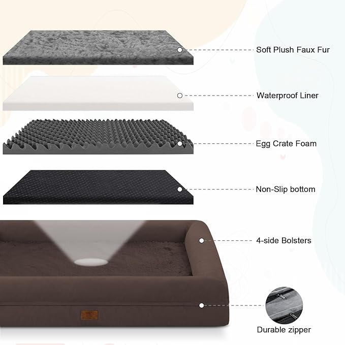 Extra Large Dog Bed, Orthopedic Washable Suede Bed with Removable Bolster, Waterproof with Nonskid Bottom, 45" X 35"