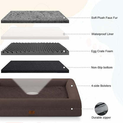 Extra Large Dog Bed, Orthopedic Washable Suede Bed with Removable Bolster, Waterproof with Nonskid Bottom, 45" X 35"