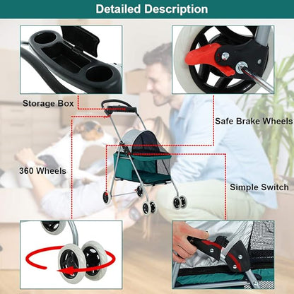 BestPet Pet Stroller Cat Dog Stroller Travel Folding Carrier,Teal