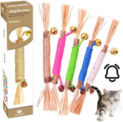 Natural Dried Matatabi Cat Chew Stick with Gall Fruit, Raffia Grass & Bell Cat Ball Toys, Handmade Silvervine Sticks Interactive Catnip Toys for Teething & Entertainment (Size M Color G)