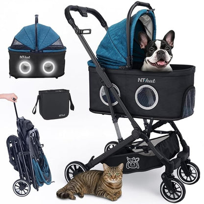Dog Stroller for Small Medium Dogs & Cats Up to 50 lbs – NTHUT WagZee Foldable Pet Stroller with 360° Mesh Windows, One-Click Fold, Reflective Trim, Storage Basket & Cup Holder (Black Teal)