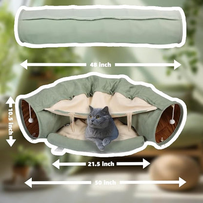 VelvetPaw 2-in-1 Foldable Matcha Bunny Tunnel & Pet Cushion Bed | Collapsible Hideout Toy with Removable Washable Soft Pad | Ideal for Rabbits, Bunnies & Kittens - Indoor Rest, Exercise & Play